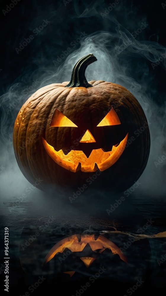 jack-o'-lantern with a carved, glowing face sits amidst swirling fog on a dark, reflective surface and smoke on background. Halloween greeting card jack-o'-lantern with a carved, glowing face sits amidst swirling fog on a dark, reflective surface and smoke on background. Halloween greeting card