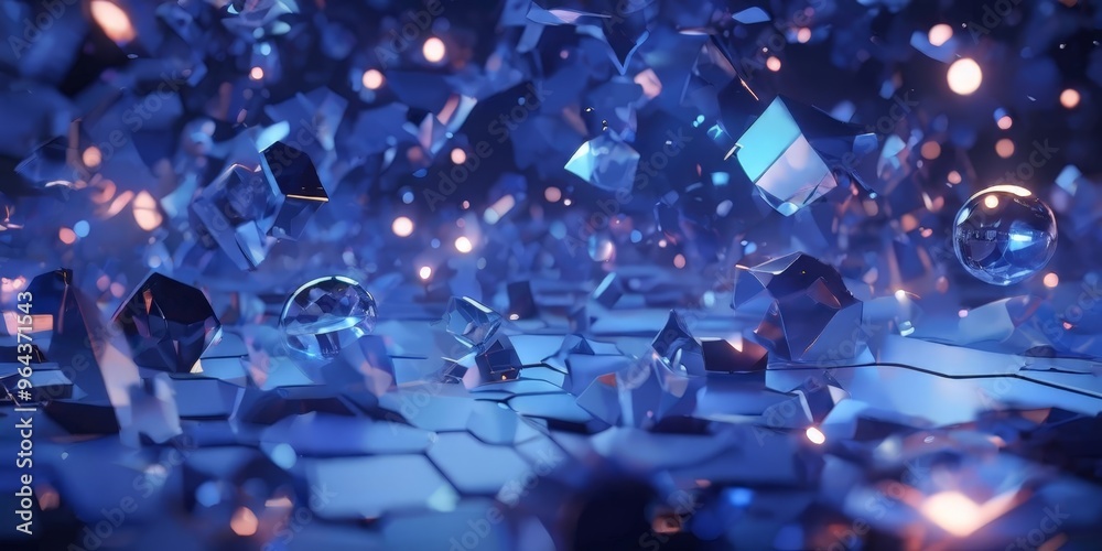 a digital art piece featuring a complex arrangement of cubes, spheres, and other geometric shapes in shades of blue and purple, with a warm glow emanating from the center. a digital art piece featuring a complex arrangement of cubes, spheres, and other geometric shapes in shades of blue and purple, with a warm glow emanating from the center.