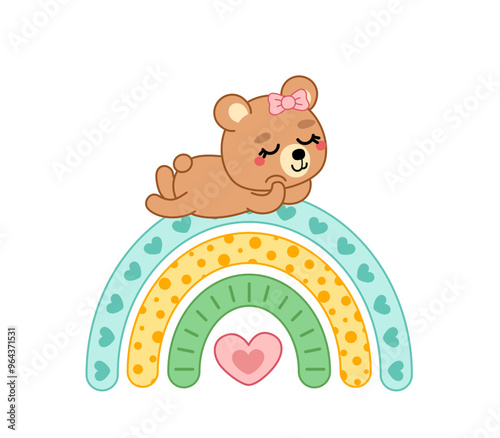 Cute girl bear lies on a cartoon rainbow and dreaming. Cartoon, kawaii, vector.