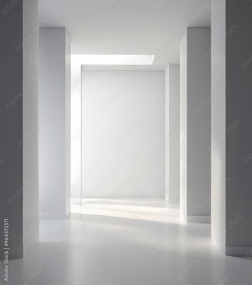 A minimalist white room with a skylight, featuring a long corridor with columns on either side and a bright, clean atmosphere. A minimalist white room with a skylight, featuring a long corridor with columns on either side and a bright, clean atmosphere.