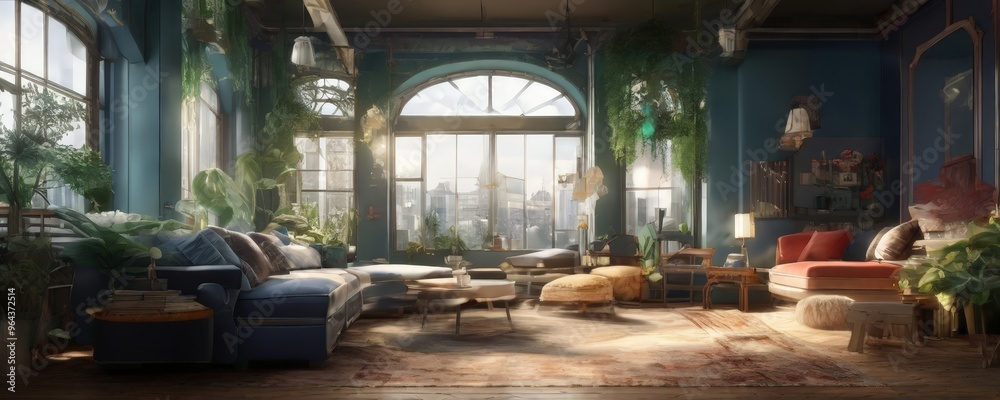 a spacious, sunlit living room with large windows overlooking a cityscape. The room features a blue sofa, a red armchair, and a wooden coffee table, complemented by a rug and a spacious, sunlit living room with large windows overlooking a cityscape. The room features a blue sofa, a red armchair, and a wooden coffee table, complemented by a rug and