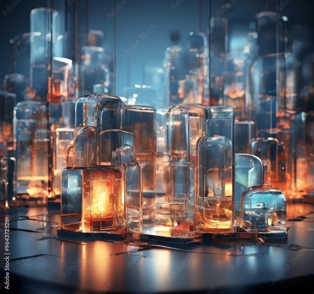 a futuristic cityscape composed of numerous transparent cubes, each containing a small, glowing object. The cubes are arranged in a grid-like pattern, with the larger cubes a futuristic cityscape composed of numerous transparent cubes, each containing a small, glowing object. The cubes are arranged in a grid-like pattern, with the larger cubes
