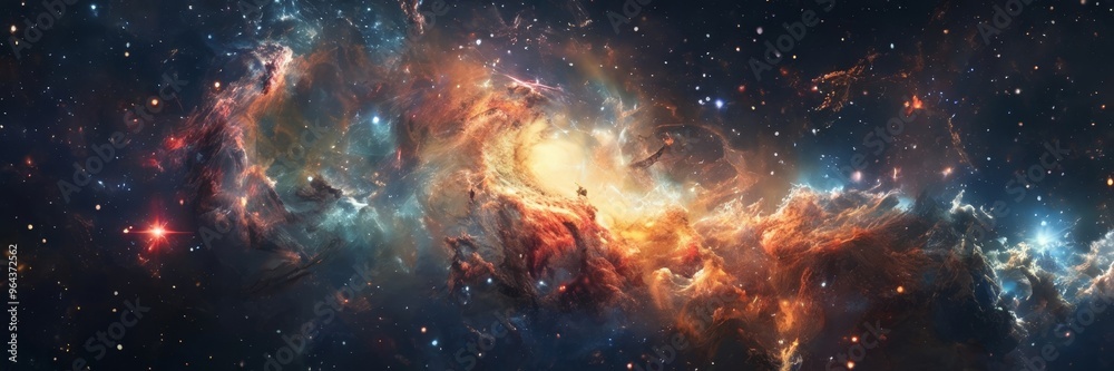 a vibrant and dynamic cosmic scene, featuring a swirling nebula with a mix of orange, blue, and white hues, as well as a bright star at the center. The background is filled with a vibrant and dynamic cosmic scene, featuring a swirling nebula with a mix of orange, blue, and white hues, as well as a bright star at the center. The background is filled with