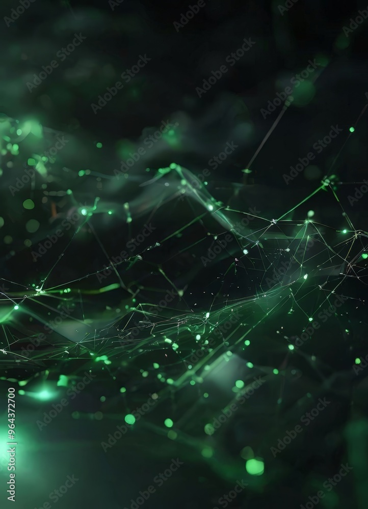 digital art piece featuring a network of interconnected lines and dots, creating a sense of depth and complexity. The background is a dark green color, which contrasts with the