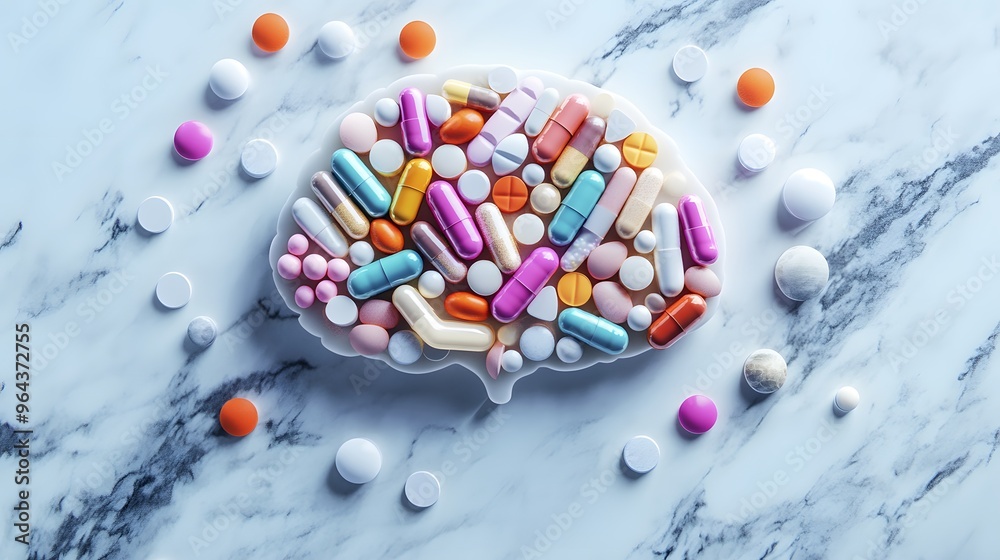 Brain Shaped Pill Collection on White Marble Background Brain Shaped Pill Collection on White Marble Background