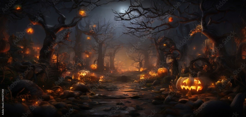 A Halloween-themed forest scene with a winding path, jack-o'-lanterns, and a full moon, creating a spooky and eerie atmosphere. A Halloween-themed forest scene with a winding path, jack-o'-lanterns, and a full moon, creating a spooky and eerie atmosphere.