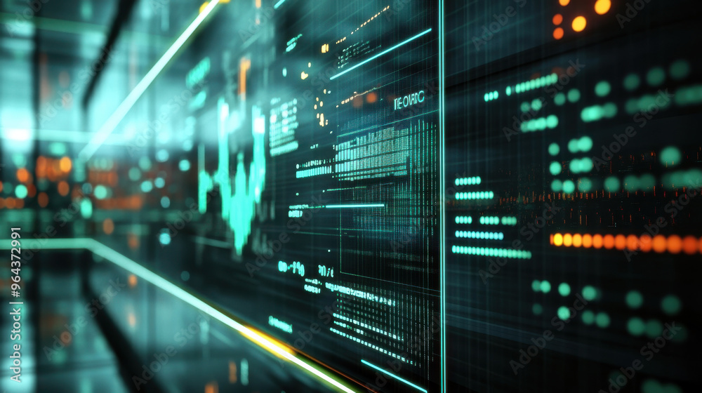 Abstract digital interface with data visualization and coding information, representing modern technology and big data analytics. Abstract digital interface with data visualization and coding information, representing modern technology and big data analytics.