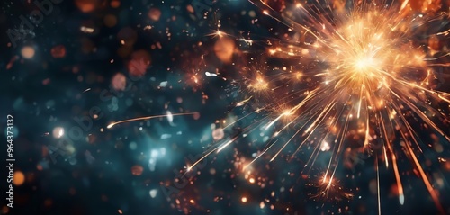 A vibrant burst of light and color, resembling a fireworks display, fills the frame, with a dark background and scattered sparks and particles.