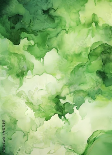 an abstract painting featuring a vibrant green color palette with a sense of movement and fluidity. The brushstrokes are loose and organic, creating a dynamic and energetic composition.