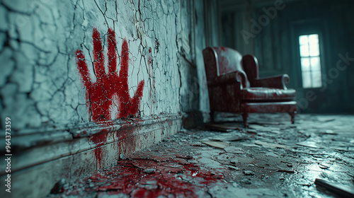 Close-up of bloody handprints on a cracked, white wall in a dark, abandoned room. Smudged blood drips from the prints, creating an eerie and unsettling scene.

 photo