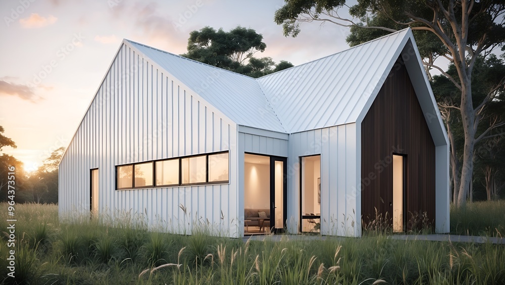 contemporary house with a unique angular design, characterized by sharp lines and a slanted roof. contemporary house with a unique angular design, characterized by sharp lines and a slanted roof.