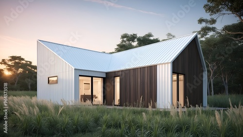 Wallpaper Mural contemporary house with a unique angular design, characterized by sharp lines and a slanted roof. Torontodigital.ca