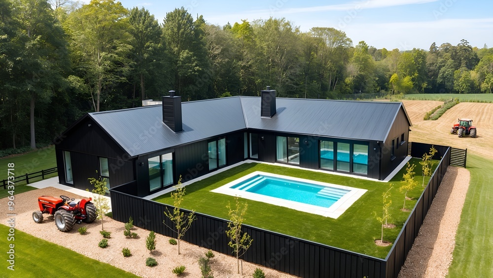 modern, black-clad house with a sleek, minimalist design, nestled within a lush, green landscape modern, black-clad house with a sleek, minimalist design, nestled within a lush, green landscape