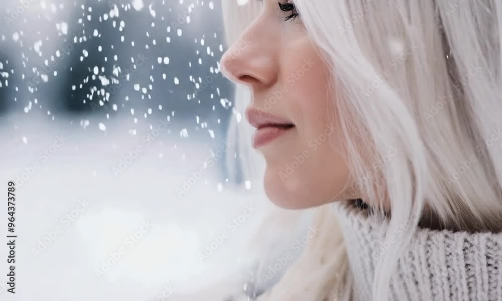 Side profile of a young woman with platinum blonde hair and soft pink lips standing outdoors in a snowy landscape. Side profile of a young woman with platinum blonde hair and soft pink lips standing outdoors in a snowy landscape.