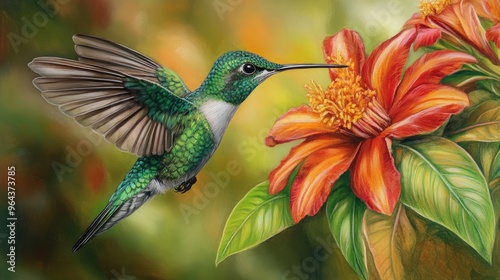 Hummingbird emerald flower nectar. Generative AI photo