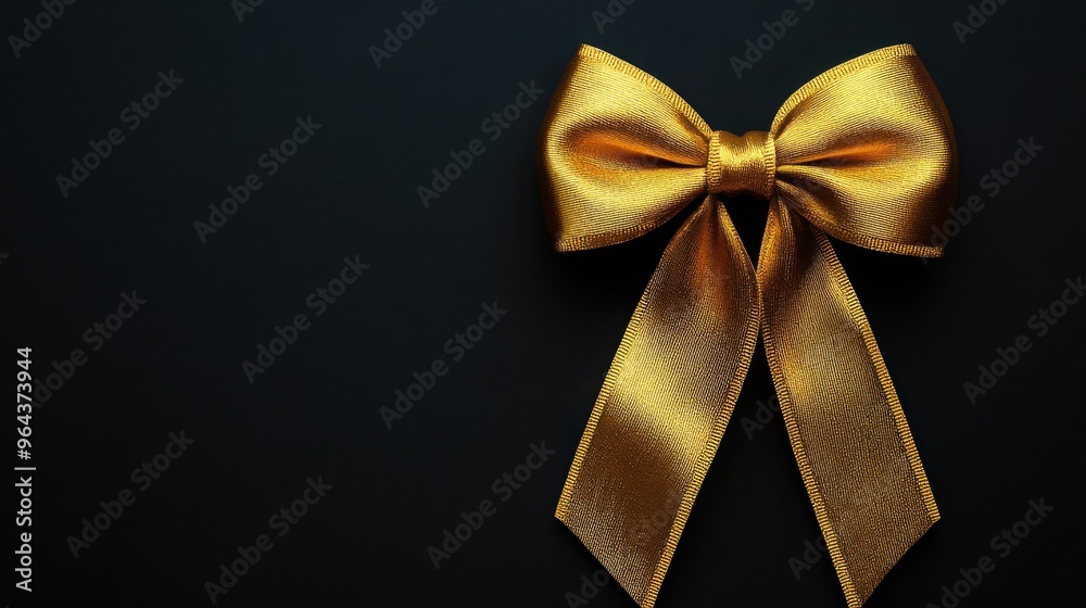 Luxurious Gold Bow on Black Canvas, elegant gold bow centered on a deep black background, ideal for showcasing promotional messages in a sophisticated setting Luxurious Gold Bow on Black Canvas, elegant gold bow centered on a deep black background, ideal for showcasing promotional messages in a sophisticated setting
