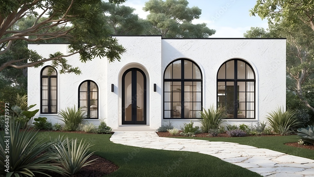 modern, single-story house with a minimalist design. The exterior features a white, textured stucco finish and large, arched windows and doors with black frames. modern, single-story house with a minimalist design. The exterior features a white, textured stucco finish and large, arched windows and doors with black frames.