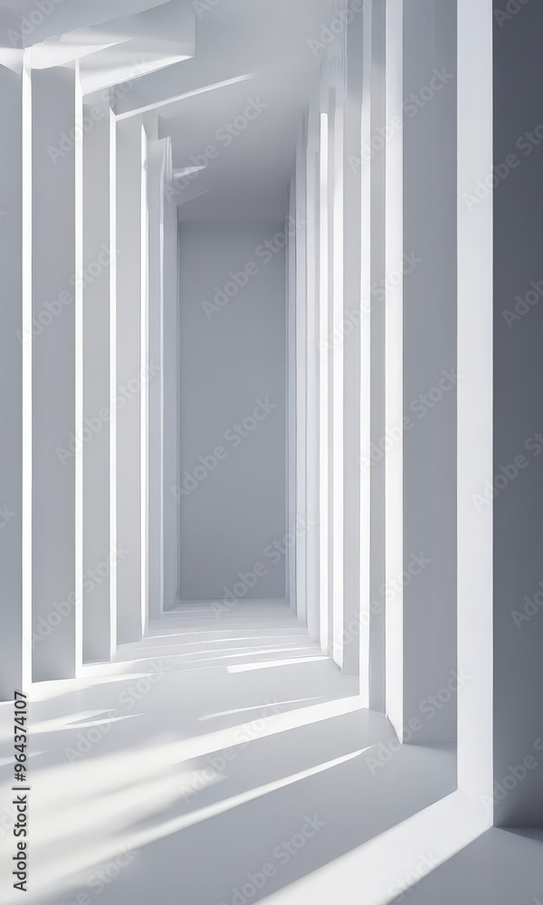 A long, narrow corridor with white columns and a white floor, creating a sense of depth and perspective. A long, narrow corridor with white columns and a white floor, creating a sense of depth and perspective.