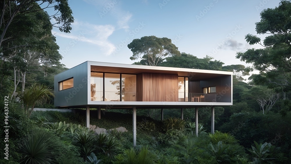 The house features a sleek, rectangular design with large glass windows and a combination of wood and metal exterior The house features a sleek, rectangular design with large glass windows and a combination of wood and metal exterior