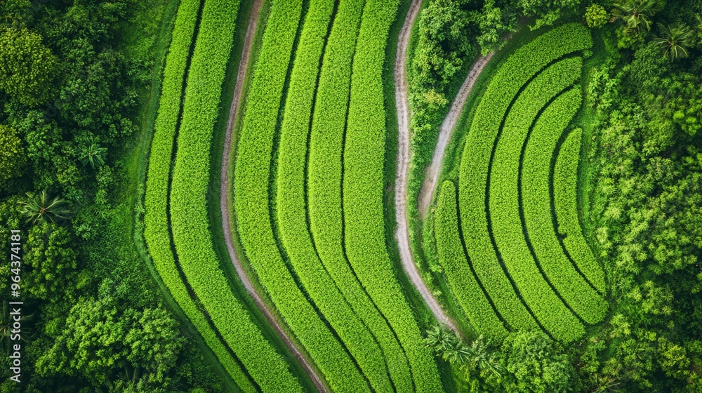 Fototapeta premium Aerial view of lush green rice paddies in a rural landscape.