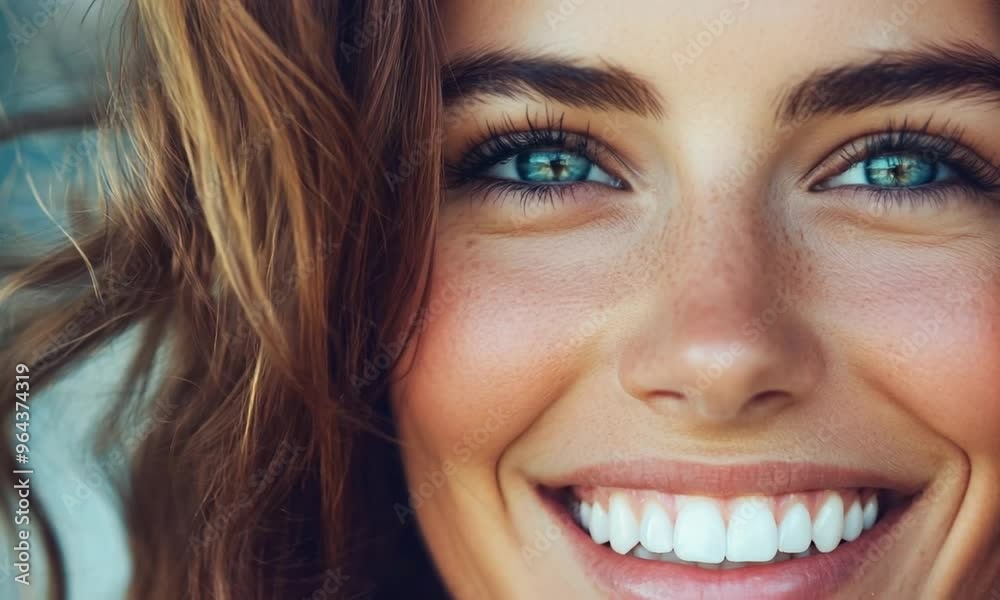 Portrait of a young woman with blue eyes and wavy hair smiling brightly ...