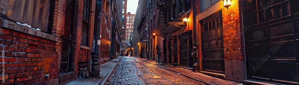 Historic city alley at dusk, HDR warmth, inviting glow Historic city alley at dusk, HDR warmth, inviting glow