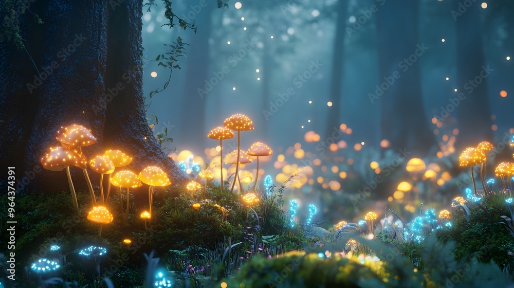 Obraz premium Glowing Mushrooms in a Magical Forest