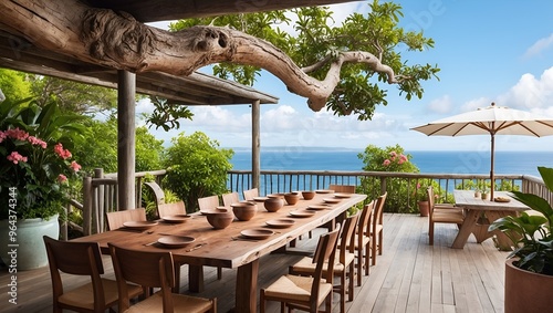 Rustic outdoor dining area with a stunning ocean view