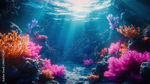 Fototapeta Naklejka Na Ścianę i Meble -  A colorful coral reef with pink and orange sea plants