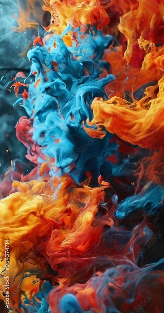 Fototapeta premium a vibrant abstract composition of swirling, multicolored fluid, with a mix of blue, orange, and red hues. The fluid appears to be in motion, creating a dynamic and visual effect.