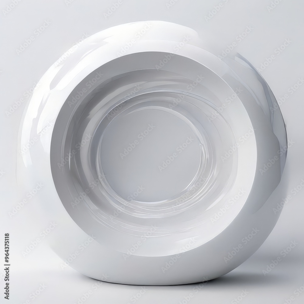 Fototapeta premium a white, spherical object with a smooth, reflective surface. The object has a central circular opening, and the edges of the object are curved, giving it a unique, abstract appearance.