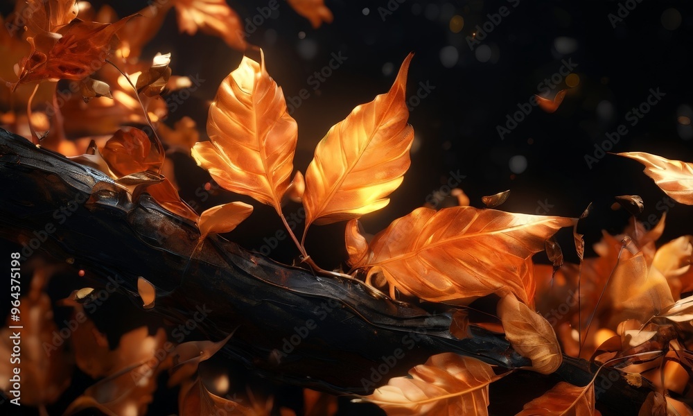 Golden autumn leaves, glowing against a dark background, create a and ethereal scene. Golden autumn leaves, glowing against a dark background, create a and ethereal scene.
