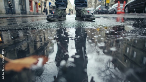 Wallpaper Mural A person is standing in a puddle of water with their shoes in it. The image has a melancholic mood, as the person appears to be alone and the rain seems to be falling heavily Torontodigital.ca