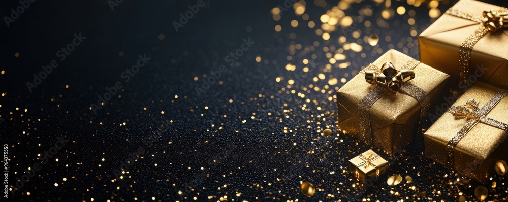 Elegant backdrop featuring a black canvas adorned with shimmering gold confetti and a small gift at the base, creating a perfect setting for a premium sale announcement.