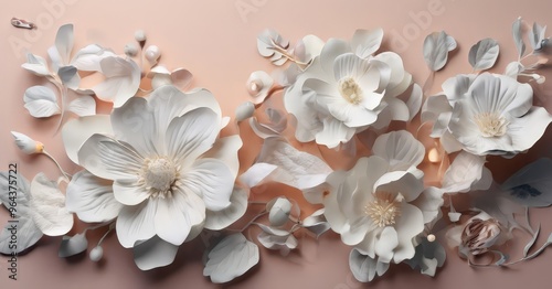 A floral arrangement composed of white paper flowers and leaves, set against a peach-colored background.