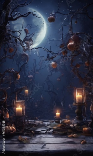 A haunting Halloween scene unfolds under a full moon, with a dark, eerie forest as the backdrop. The scene is illuminated by the soft glow of several lit candles scattered