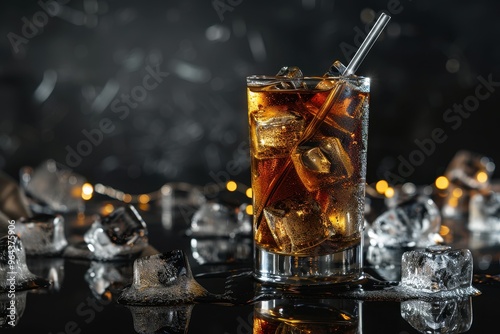 Alcoholic Long Island cocktail with various liquors sugar syrup lemon cola ice dark background focus on glass photo