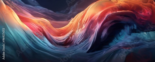 a digital art piece featuring a swirling, abstract pattern of colors and shapes, including shades of orange, blue, and purple, creating a dynamic and visually striking composition.