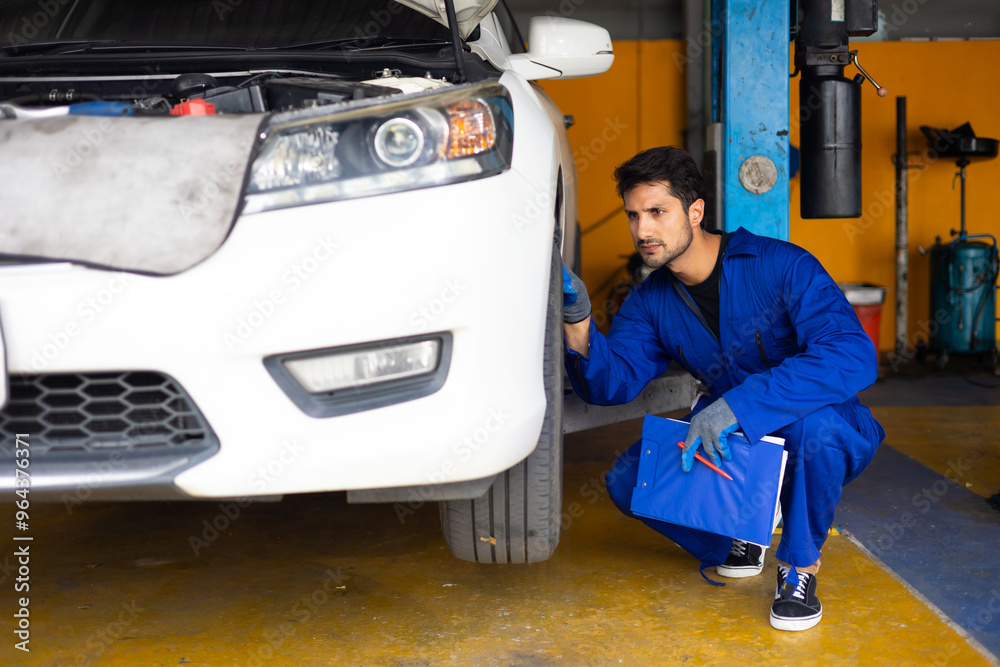 Mechanic checking checking the depth of car tire tread. Car maintenance and auto service garage Mechanic checking checking the depth of car tire tread. Car maintenance and auto service garage