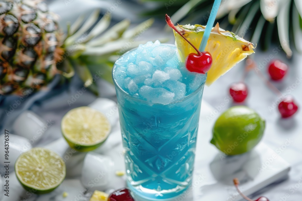 Fototapeta premium Blue Hawaiian slush with pineapple cherry lime on marble countertop straw included