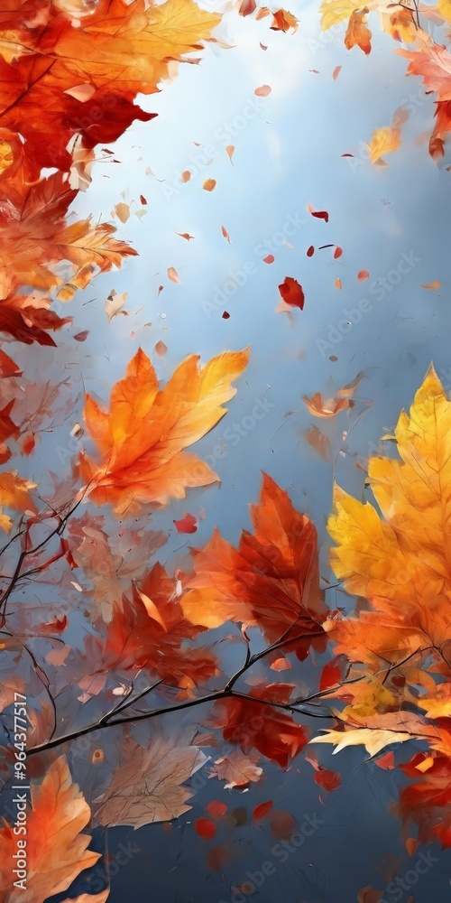 a vibrant autumn scene with falling leaves in shades of orange, yellow, and red against a blue sky. a vibrant autumn scene with falling leaves in shades of orange, yellow, and red against a blue sky.