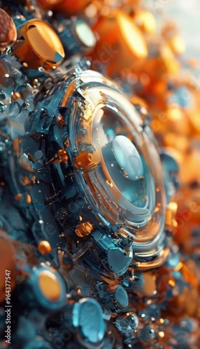 a close-up of a complex, abstract, and colorful composition of various shapes and sizes, including circles, spheres, and other geometric forms, with a predominantly orange and blue color palette.