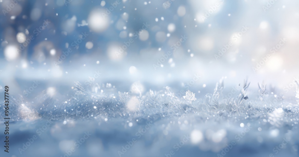 Fototapeta premium Soft, blurred snowflakes gently falling on a snowy surface, creating a serene and tranquil winter scene.
