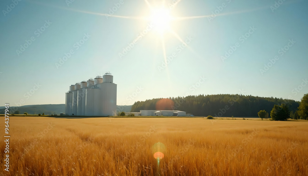 Agricultural Field with Grain Silos Under Bright Sunlight Agricultural Field with Grain Silos Under Bright Sunlight