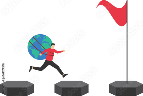 The world economy is progressing. businesswoman whose world runs on a progress bar

