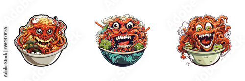 Monster in a bowl of noodles. Monster ramen. Cartoon vector illustration.
