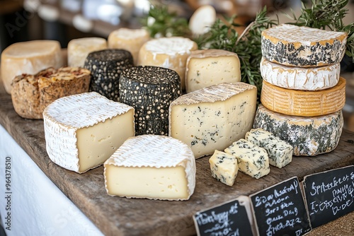 Assortment of French Cheeses at Market Stall.