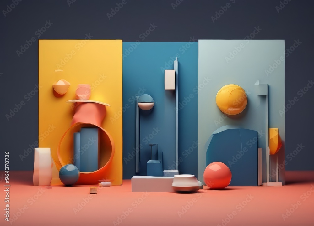 geometric composition, featuring a variety of shapes and colors against a dark background. geometric composition, featuring a variety of shapes and colors against a dark background.