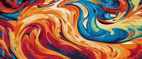 a vibrant abstract painting featuring swirling patterns of red, orange, yellow, and blue hues, creating a dynamic and energetic visual effect.