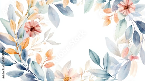 Elegant watercolor floral frame featuring soft leaves and delicate flowers, perfect for invitations and greeting cards.